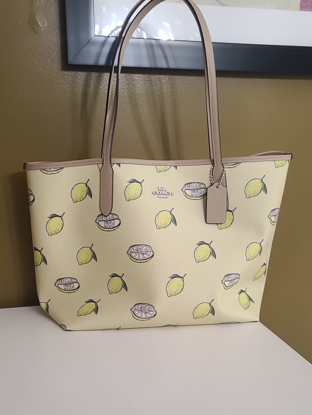 NWOT Coach Lemon-Print Tote in Pale Yellow with Tan Trim - Picture 2 of 16